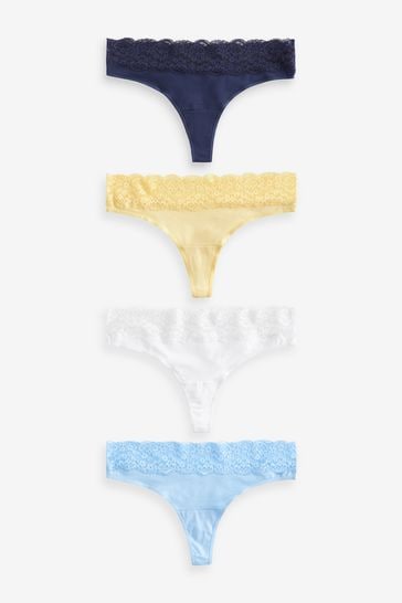 White/Yellow/Blue Thong Cotton and Lace Knickers 4 Pack