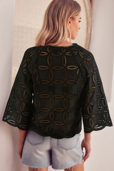 Buy Black 3 4 Sleeve Floral Broderie Notch Neck Top from Next Netherlands