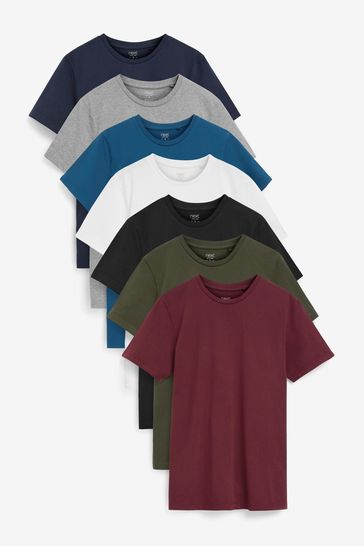 Navy/Grey Marl/Teal Blue/White/Black/Green/Red 7 Pack Regular Fit T-Shirts