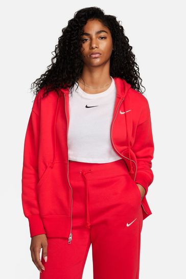 Nike Red Phoenix Fleece Mini Swoosh Oversized Full Zip Hoodie