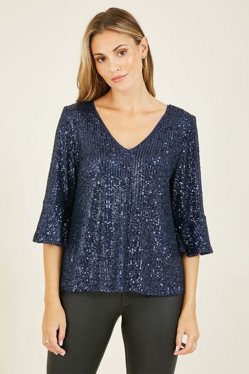 Yumi Blue Sequin Top With Fluted Sleeve