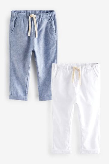 Chambray/White 2 Pack Linen Blend Pull On Trousers (3mths-7yrs)