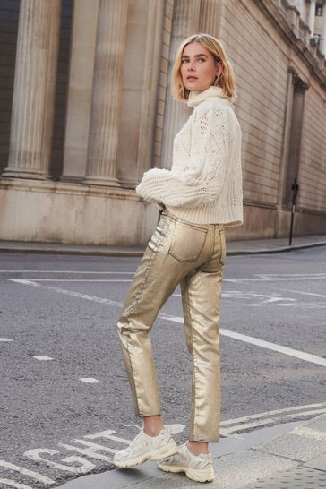Buy Ecru White Crochet Open Stitch Roll Neck Jumper from Next