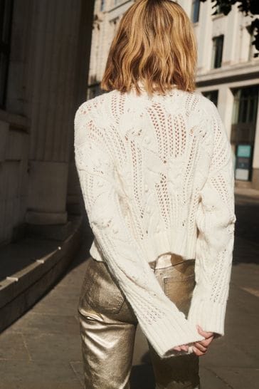 Buy Ecru White Crochet Open Stitch Roll Neck Jumper from Next Luxembourg