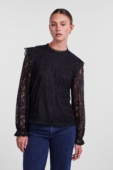 PIECES Black Long Sleeve Lace Frill Blouse