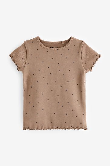 Camiseta de canalé de manga corta a lunares en color marrón tostado (3 meses - 7 años)