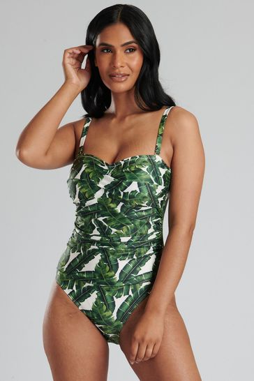 South Beach Green Leaf Print Twist Swimsuit with Tummy Control