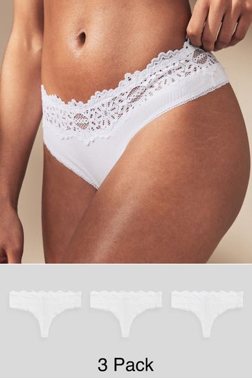 White Thong Lace Top Rib Knickers 3 Pack