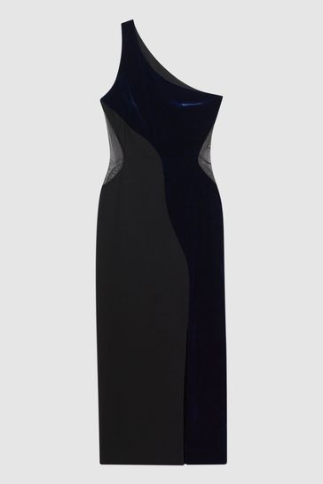 Buy Reiss Black Navy Cassie One Shoulder Velvet Satin Midi Dress