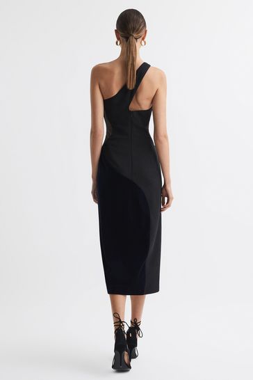 Reiss Black Navy Cassie One Shoulder Velvet Satin Midi Dress
