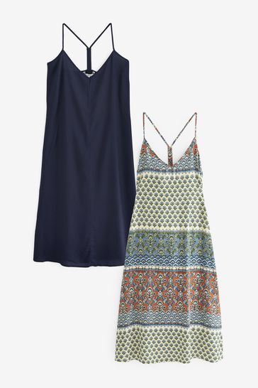 Navy Blue/Khaki Green 2 Pack Midi Slip Summer Dress