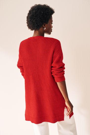 Red Longline Ribbed Edge to Edge Cardigan