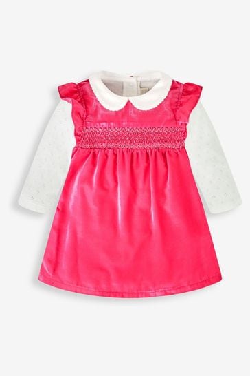 JoJo Maman Bébé Rose Pink 2-Piece Smocked Velvet Baby Dress & Body Set