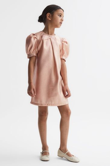 Reiss Pink Lexi Senior Metallic Puff Sleeve Dress