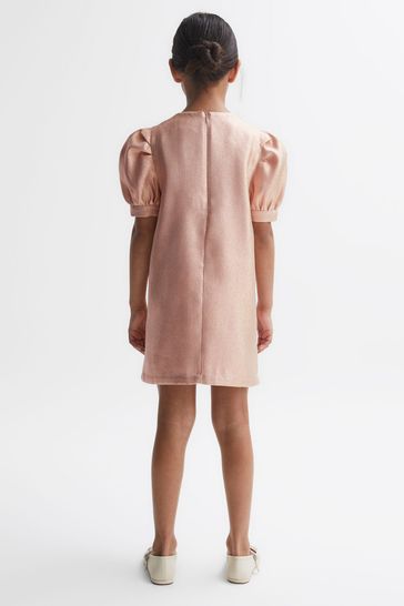 Reiss Pink Lexi Senior Metallic Puff Sleeve Dress
