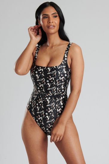South Beach Black Animal Tummy Control  Swimsuit with Belt and Buckle