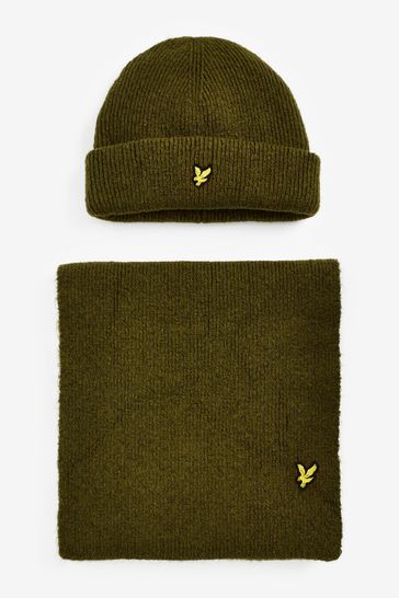 Lyle & Scott Olive Green	Chunky Beanie Hat and Scarf Set