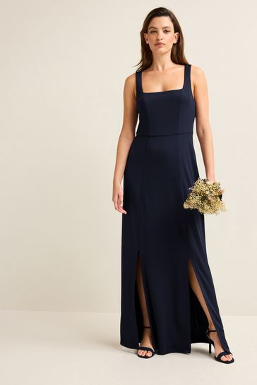 Navy Blue Square Neck Bridesmaid Maxi Dress