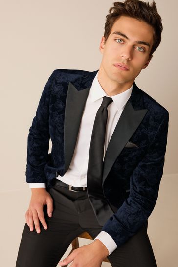 Buy Navy Blue Floral Slim Printed Velvet Jacket from Next Luxembourg