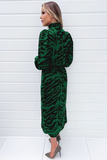 Buy AX Paris Green Animal Print High Neck Long Sleeve Midi Dress