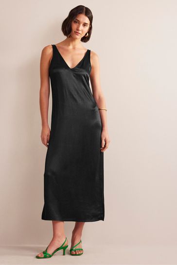 Long black satin slip dress top