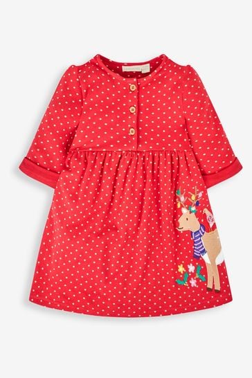 JoJo Maman Bébé Red Reindeer Appliqué Button Front Dress