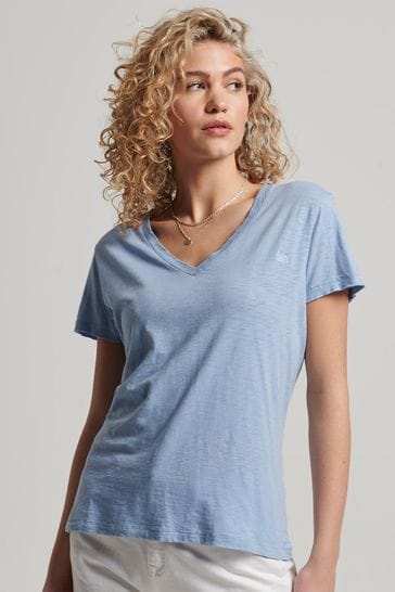 Buy Superdry Blue Slub Next V-Neck USA T-Shirt from Embroidered