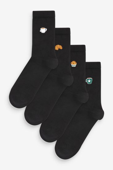 Coffee Embroidered Motif Ankle Socks 4 Pack