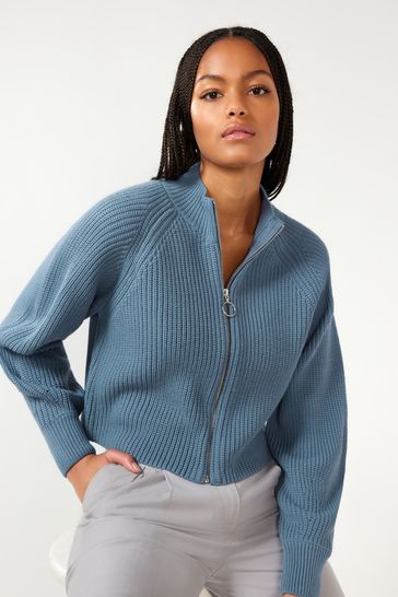 Blue Zip Cropped Cardigan