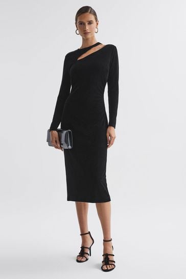 Reiss Black Macey Velvet Cut-Out Midi Dress