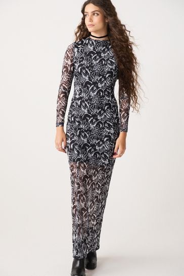 Black White Long Sleeve Mesh Midi Dress