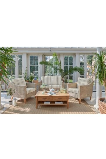 Laura Ashley Natural Garden Bamburgh Indoor Rattan Lounging Set With Luxford Stripe Dove Grey Cushions
