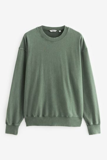 Buy Khaki Green Crew Sweatshirt Oversized Garment Wash Sweatshirt