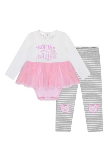 Baby Girls White/Pink Cotton Leggings Set