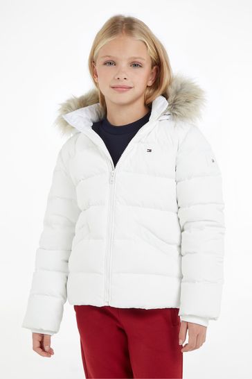 Tommy Hilfiger Girls Essential Down White Faux Fur Hood Jacket