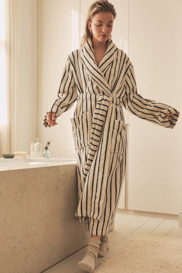 Cream Navy Stripe 100 Cotton Towelling Dressing Gown
