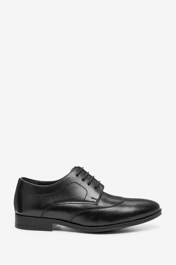 Black Leather Lace-Up Wing Cap Shoes