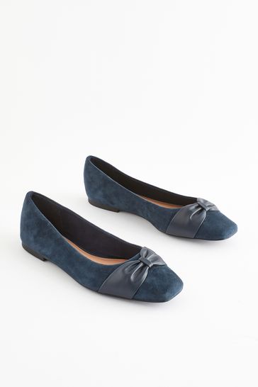 Navy Regular/Wide Fit Forever Comfort® Leather Square Toe Bow Ballerinas