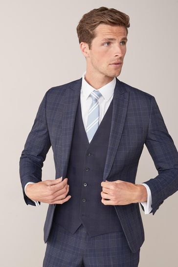 Navy check skinny fit suit clearance