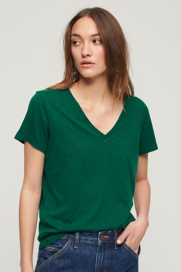 Superdry Green Slub Embroidered V-Neck T-Shirt