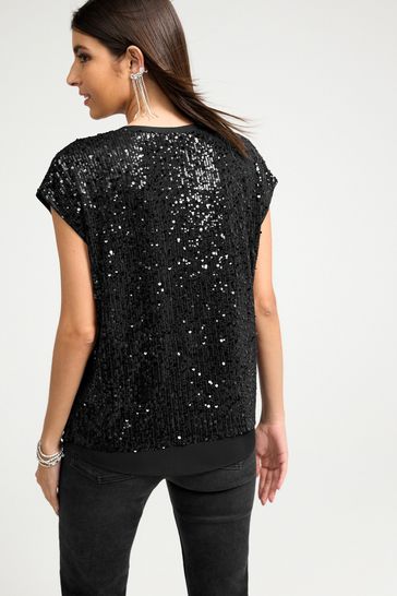 Buy Black Short Sleeve V Neck Sequin Top from Next Ireland
