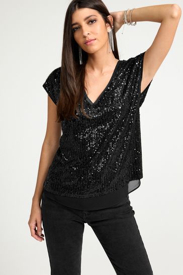 Buy Black Short Sleeve V Neck Sequin Top from Next Austria