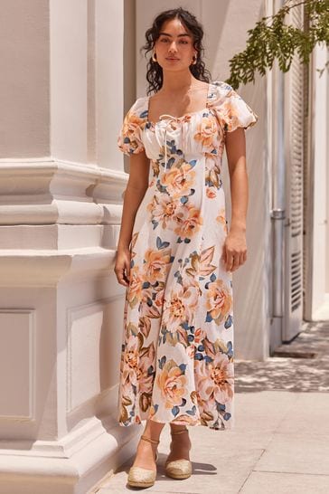 Buy Floral 100 Cotton Puff Sleeve Midi Dress from Next Netherlands