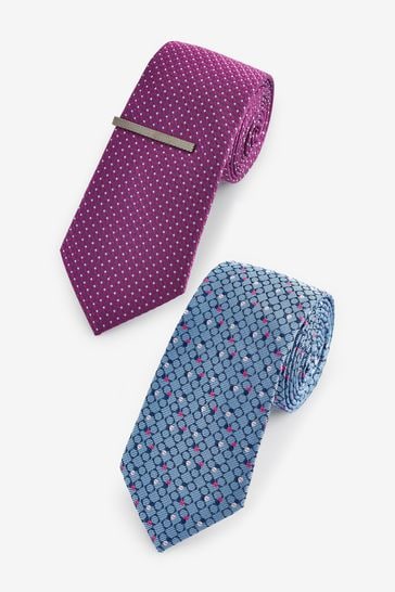 Fuchsia Pink/Blue Textured Tie With Tie Clips 2 Pack