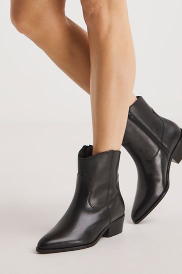 Simply Be Black Leather Western Black Ankle Boots In Wide Fit