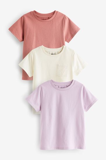 Ecru/Pink/Purple 3 Pack Crochet Pocket T-Shirts (3-16yrs)