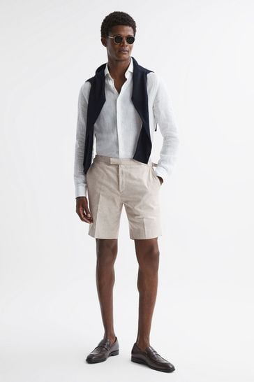 Reiss Oatmeal Craft Slim Fit Cotton-Linen Check Adjustable Shorts