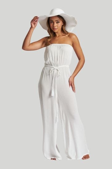 South Beach Natural Crinkle Viscose Strapless Jumpsuit