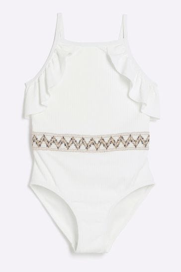 River Island White Girls Zig Zag Elastic Swimsuit