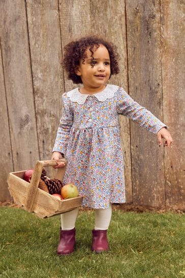 JoJo Maman Bebe Cream Girls Orchard Ditsy Dress With Broderie Collar
